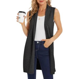 Moss Rose Women’s Long Knit Cardigan Vest Casual Sleeveless Open Front Draped Duster Vest (Available in Plus Size)(Dark Gray)