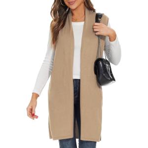 Moss Rose Women’s Long Knit Cardigan Vest Casual Sleeveless Open Front Draped Duster Vest (Available in Plus Size)(Khaki)