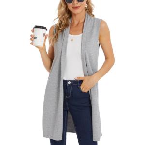 Moss Rose Women’s Long Knit Cardigan Vest Casual Sleeveless Open Front Draped Duster Vest (Available in Plus Size)(Light Gray)