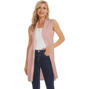 Moss Rose Women’s Long Knit Cardigan Vest Casual Sleeveless Open Front Draped Duster Vest (Available in Plus Size)(Pink)
