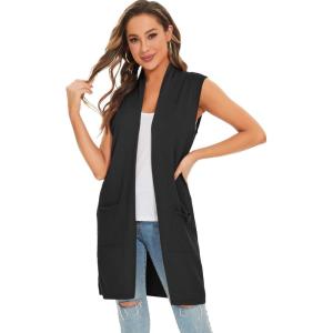 Moss Rose Women’s Long Knit Cardigan Vest Casual Sleeveless Open Front Draped Duster Vest (Available in Plus Size)((Pocket)black)