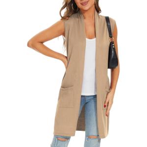 Moss Rose Women’s Long Knit Cardigan Vest Casual Sleeveless Open Front Draped Duster Vest (Available in Plus Size)((Pocket)khaki)