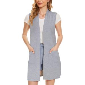 Moss Rose Women’s Long Knit Cardigan Vest Casual Sleeveless Open Front Draped Duster Vest (Available in Plus Size)((Pocket)light Gray)