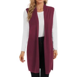 Moss Rose Women’s Long Knit Cardigan Vest Casual Sleeveless Open Front Draped Duster Vest (Available in Plus Size)(Wine Red)