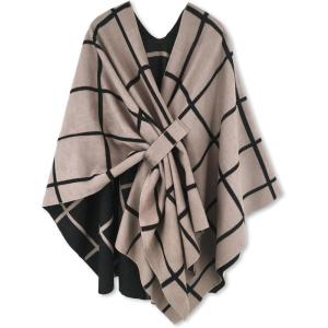 Moss Rose Women’s Shawl Wrap Poncho Ruana Cape Open Front Cardigan Shawls for Fall Winter(Az Black and Khaki)