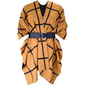 Moss Rose Women’s Shawl Wrap Poncho Ruana Cape Open Front Cardigan Shawls for Fall Winter(Az Black and Sandstone With Belt1)