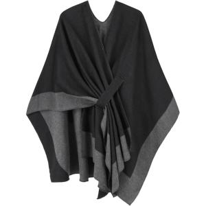 Moss Rose Women’s Shawl Wrap Poncho Ruana Cape Open Front Cardigan Shawls for Fall Winter(Black+grey)