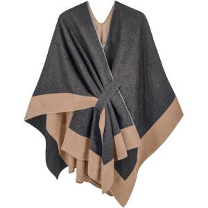 Moss Rose Women’s Shawl Wrap Poncho Ruana Cape Open Front Cardigan Shawls for Fall Winter(Grey+camel 2)