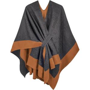 Moss Rose Women’s Shawl Wrap Poncho Ruana Cape Open Front Cardigan Shawls for Fall Winter(Grey+camel)