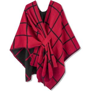 Moss Rose Women’s Shawl Wrap Poncho Ruana Cape Open Front Cardigan Shawls for Fall Winter(Red&black)