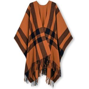 Moss Rose Women’s Travel Plaid Shawl Wrap Open Front Poncho Cape for Fall Winter(B Brown)