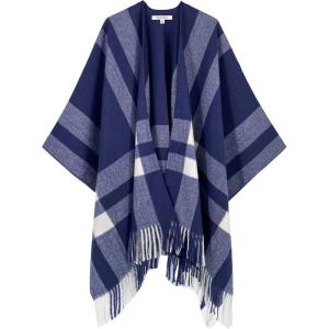 Moss Rose Women’s Travel Plaid Shawl Wrap Open Front Poncho Cape for Fall Winter(B Navy Blue)
