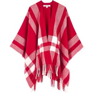 Moss Rose Women’s Travel Plaid Shawl Wrap Open Front Poncho Cape for Fall Winter(B Red)