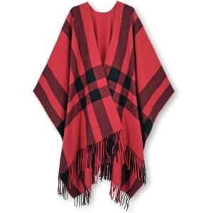 Moss Rose Women’s Travel Plaid Shawl Wrap Open Front Poncho Cape for Fall Winter(B Red2)