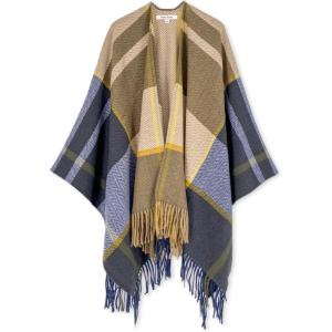 Moss Rose Women’s Travel Plaid Shawl Wrap Open Front Poncho Cape for Fall Winter(G Khaki and Blue Plaid)