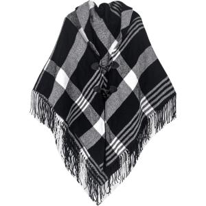 Moss Rose Women’s Travel Plaid Shawl Wrap Open Front Poncho Cape for Fall Winter(White Black)