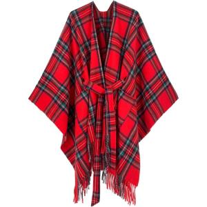 Moss Rose Women’s Travel Plaid Shawl Wrap Open Front Poncho Cape for Fall Winter(Z Plaid Red)