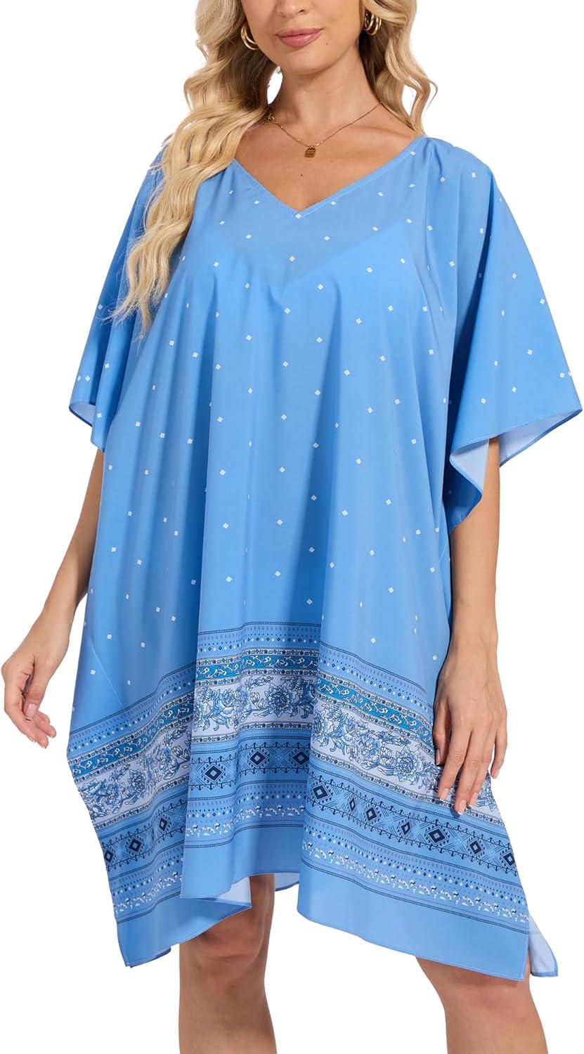 imageMoss Rose Beach Kaftan Dresses for Women V Neck Summer Swimsuit Cover up Beach Vacation ClothingBlue