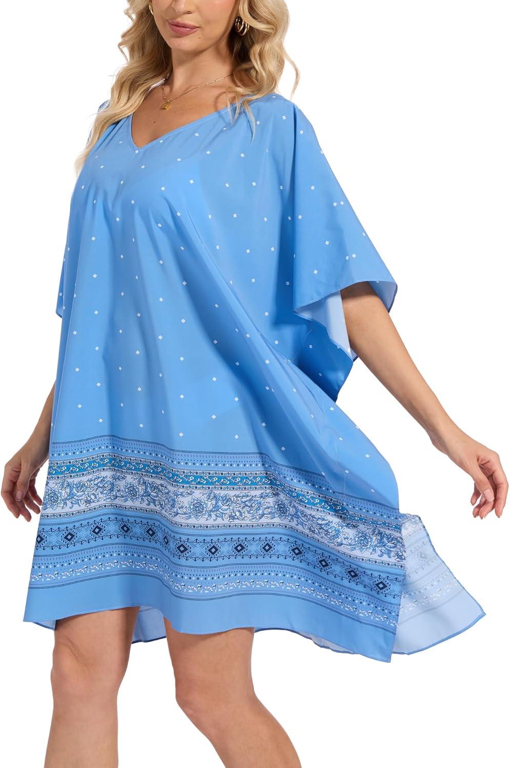 imageMoss Rose Beach Kaftan Dresses for Women V Neck Summer Swimsuit Cover up Beach Vacation ClothingBlue
