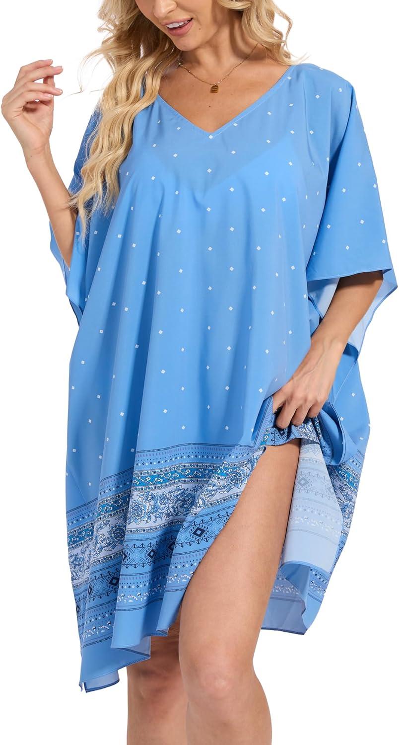 imageMoss Rose Beach Kaftan Dresses for Women V Neck Summer Swimsuit Cover up Beach Vacation ClothingBlue
