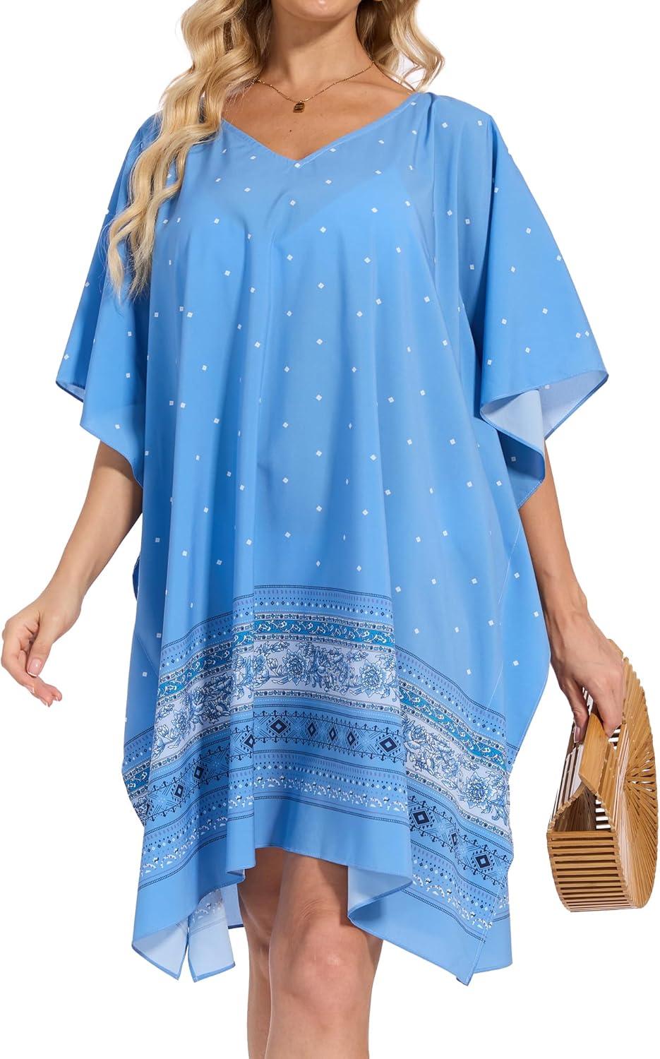 imageMoss Rose Beach Kaftan Dresses for Women V Neck Summer Swimsuit Cover up Beach Vacation ClothingBlue