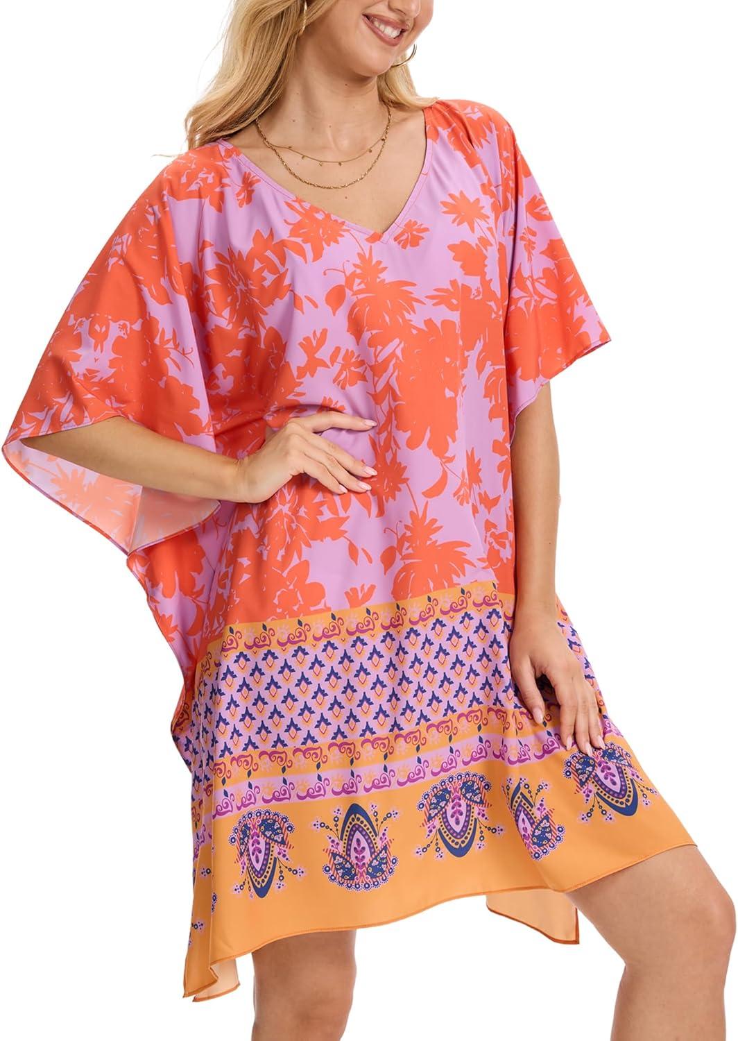 imageMoss Rose Beach Kaftan Dresses for Women V Neck Summer Swimsuit Cover up Beach Vacation ClothingBred