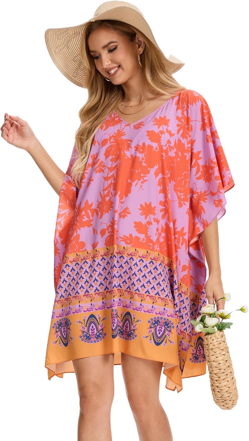 imageMoss Rose Beach Kaftan Dresses for Women V Neck Summer Swimsuit Cover up Beach Vacation ClothingBred