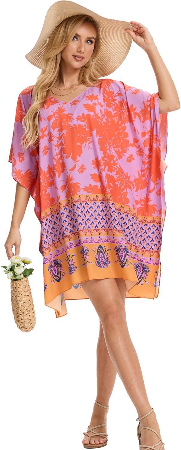 imageMoss Rose Beach Kaftan Dresses for Women V Neck Summer Swimsuit Cover up Beach Vacation ClothingBred