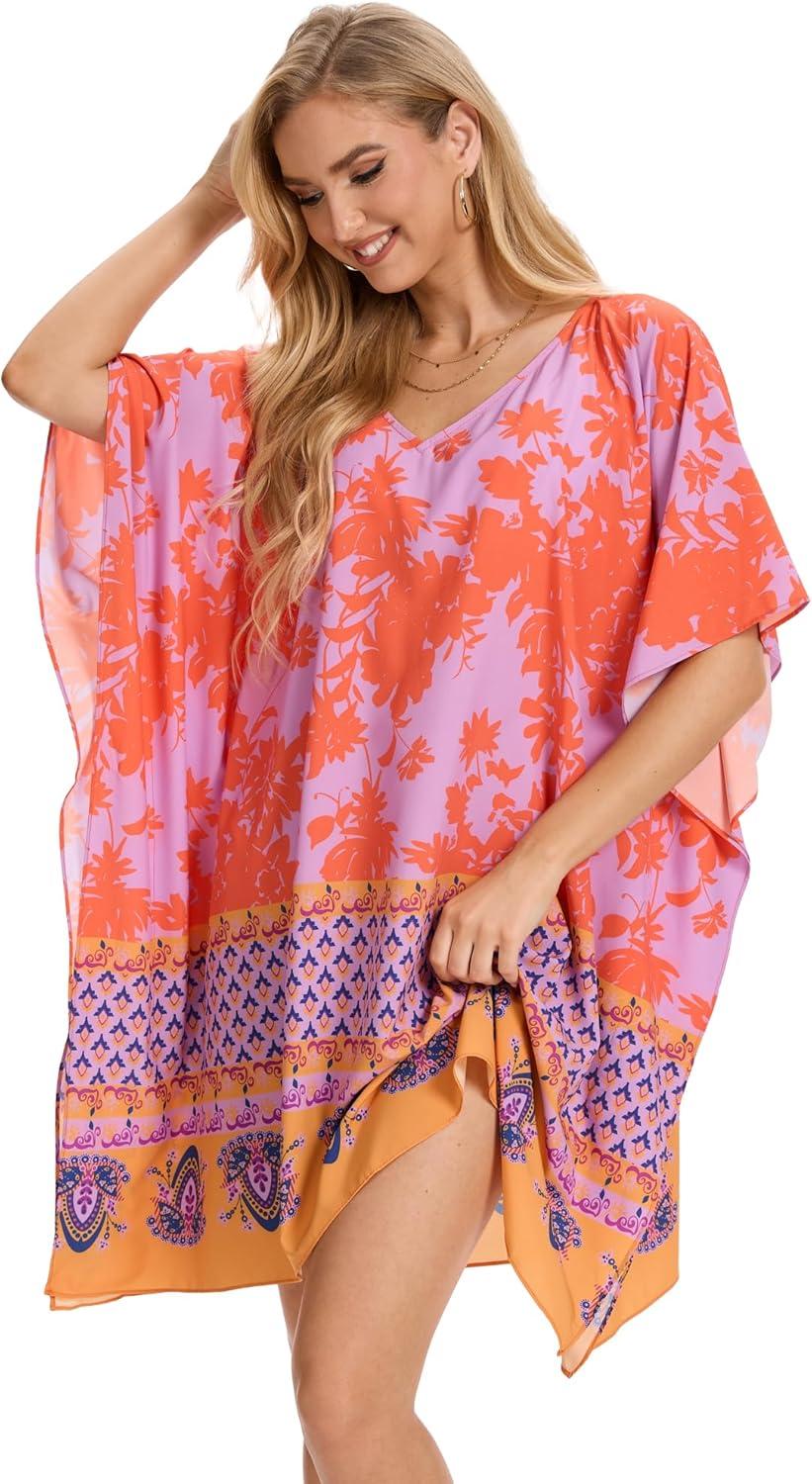 imageMoss Rose Beach Kaftan Dresses for Women V Neck Summer Swimsuit Cover up Beach Vacation ClothingBred