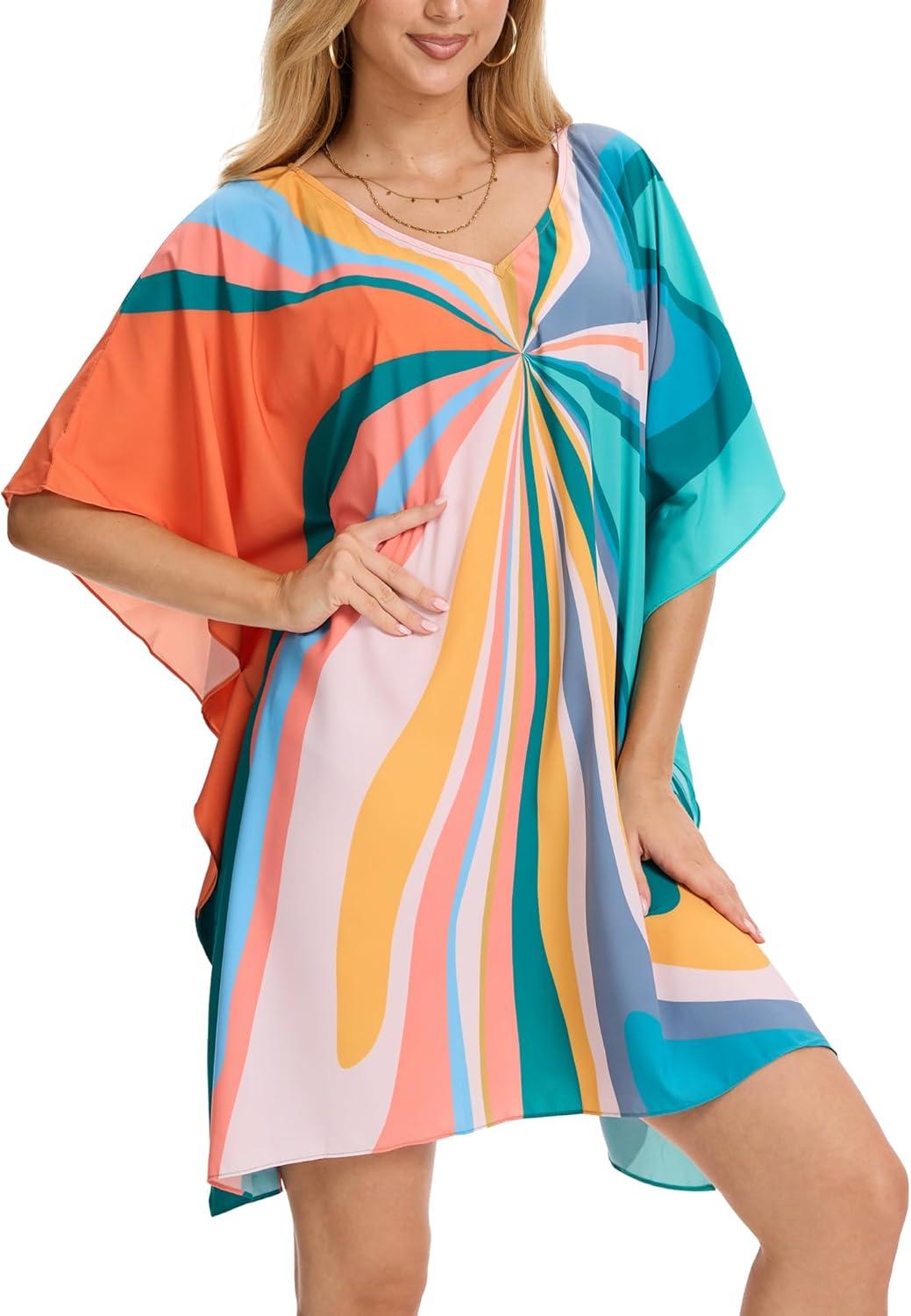 imageMoss Rose Beach Kaftan Dresses for Women V Neck Summer Swimsuit Cover up Beach Vacation ClothingButterfly