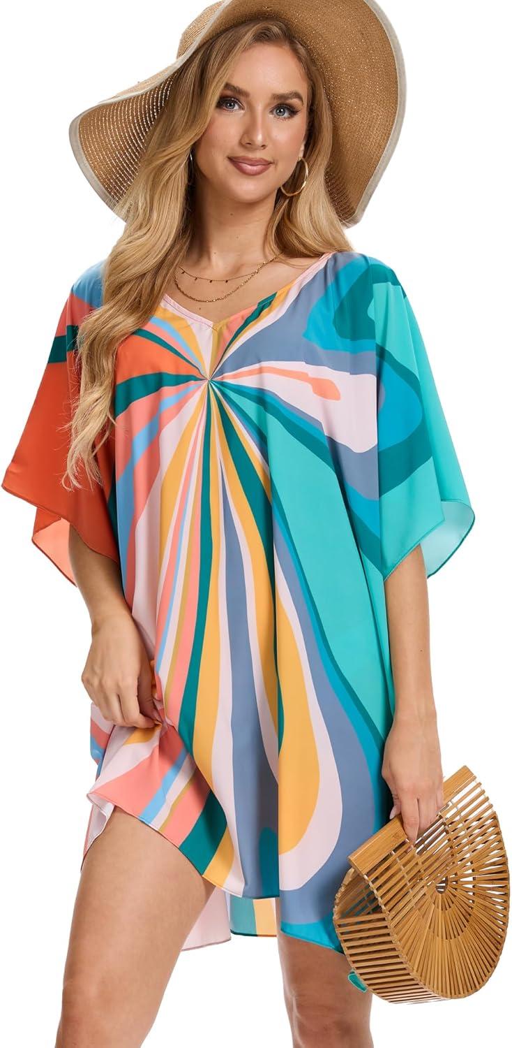 imageMoss Rose Beach Kaftan Dresses for Women V Neck Summer Swimsuit Cover up Beach Vacation ClothingButterfly