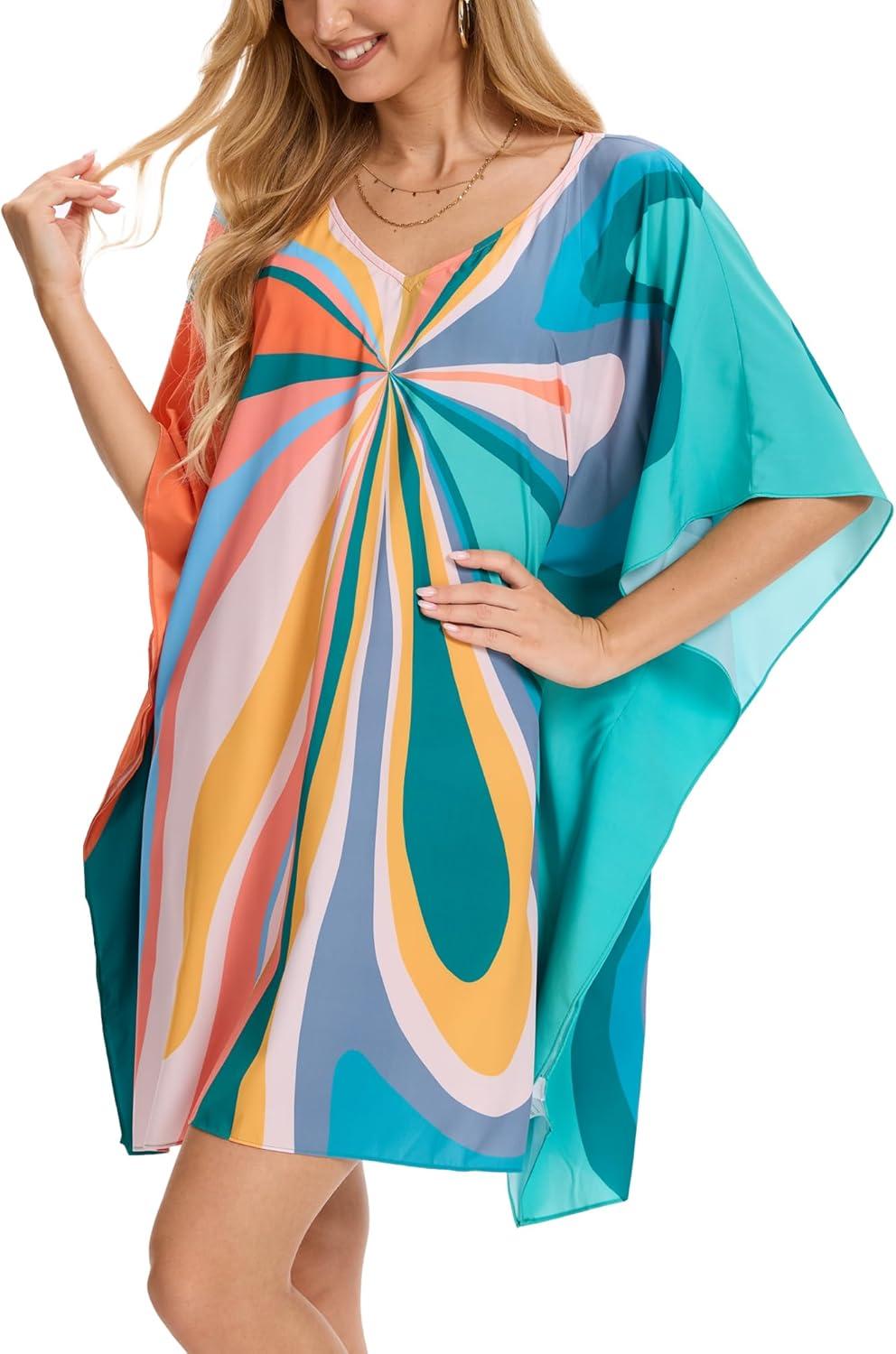 imageMoss Rose Beach Kaftan Dresses for Women V Neck Summer Swimsuit Cover up Beach Vacation ClothingButterfly