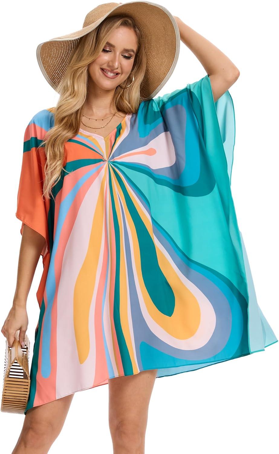 imageMoss Rose Beach Kaftan Dresses for Women V Neck Summer Swimsuit Cover up Beach Vacation ClothingButterfly