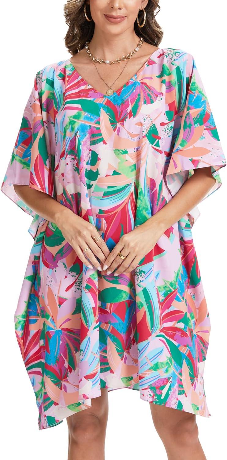 imageMoss Rose Beach Kaftan Dresses for Women V Neck Summer Swimsuit Cover up Beach Vacation ClothingPink
