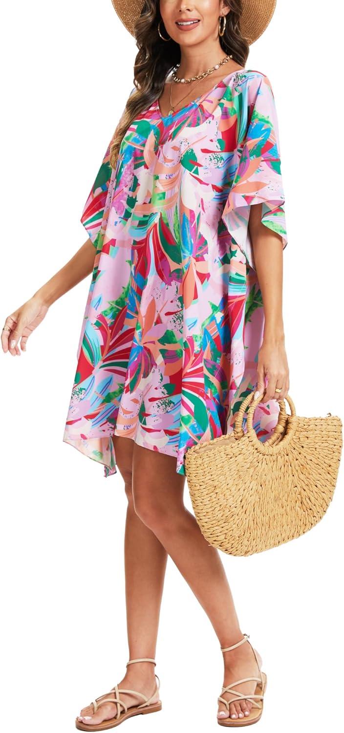 imageMoss Rose Beach Kaftan Dresses for Women V Neck Summer Swimsuit Cover up Beach Vacation ClothingPink