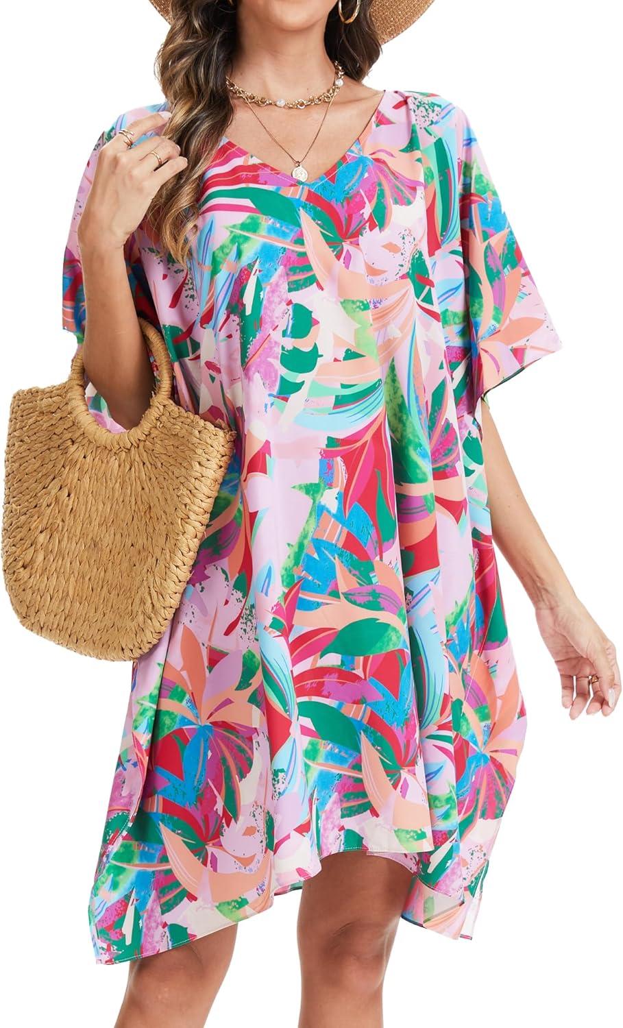 imageMoss Rose Beach Kaftan Dresses for Women V Neck Summer Swimsuit Cover up Beach Vacation ClothingPink