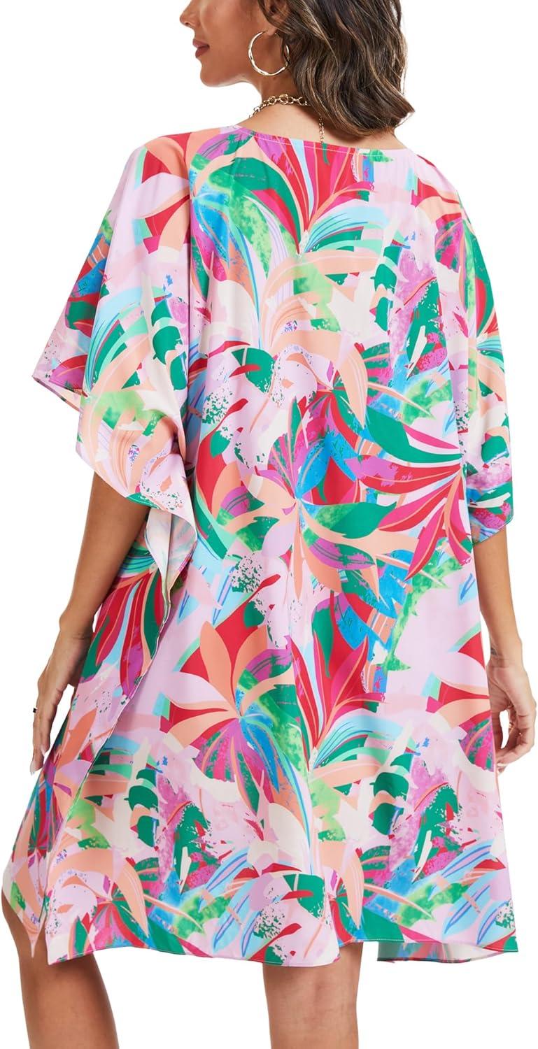 imageMoss Rose Beach Kaftan Dresses for Women V Neck Summer Swimsuit Cover up Beach Vacation ClothingPink