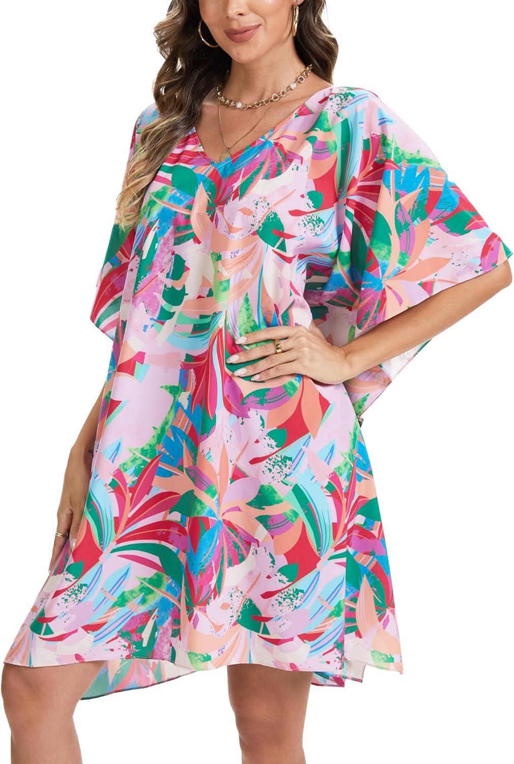 imageMoss Rose Beach Kaftan Dresses for Women V Neck Summer Swimsuit Cover up Beach Vacation ClothingPink