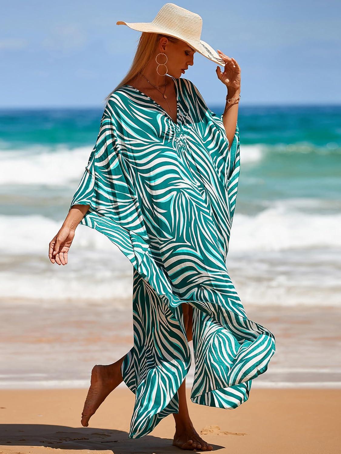 imageMoss Rose Caftan Coverup Dresses for Women V Neck Summer Swimsuit Kaftan Plus Size Maxi Beach Vacation ClothesBgreen Zebra
