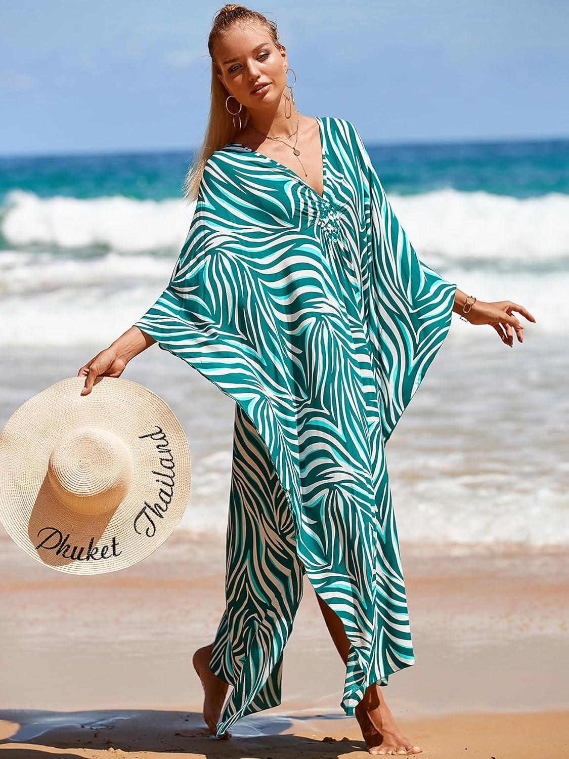 imageMoss Rose Caftan Coverup Dresses for Women V Neck Summer Swimsuit Kaftan Plus Size Maxi Beach Vacation ClothesBgreen Zebra
