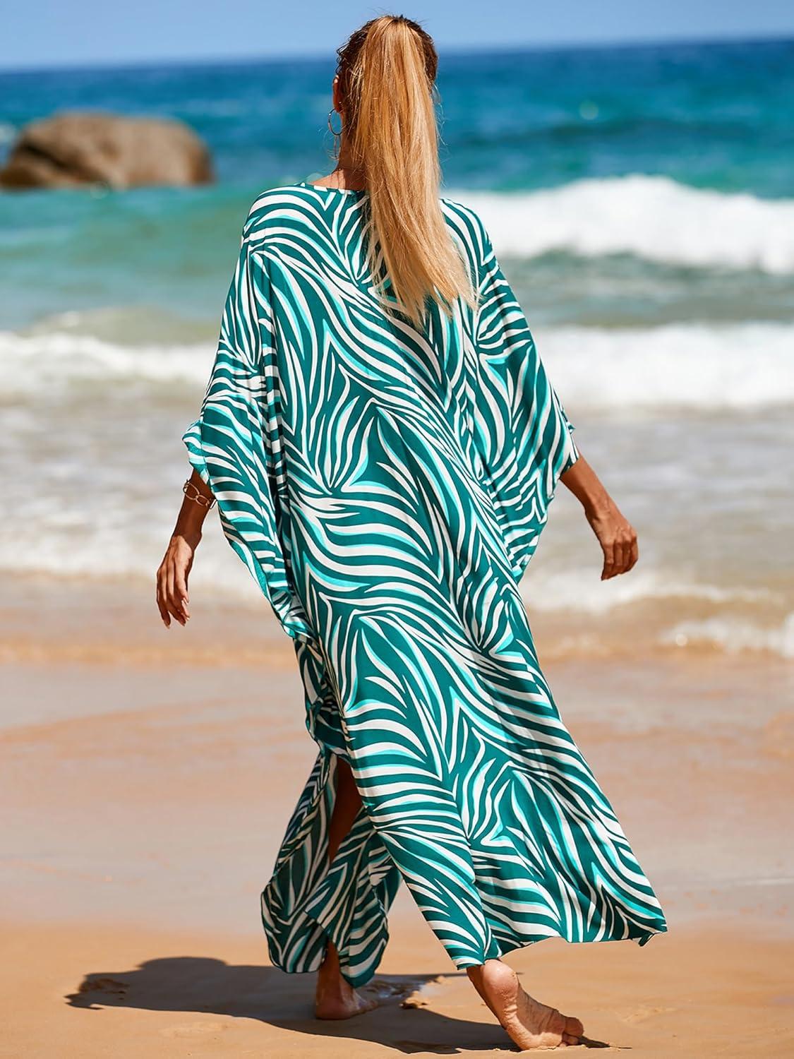 imageMoss Rose Caftan Coverup Dresses for Women V Neck Summer Swimsuit Kaftan Plus Size Maxi Beach Vacation ClothesBgreen Zebra