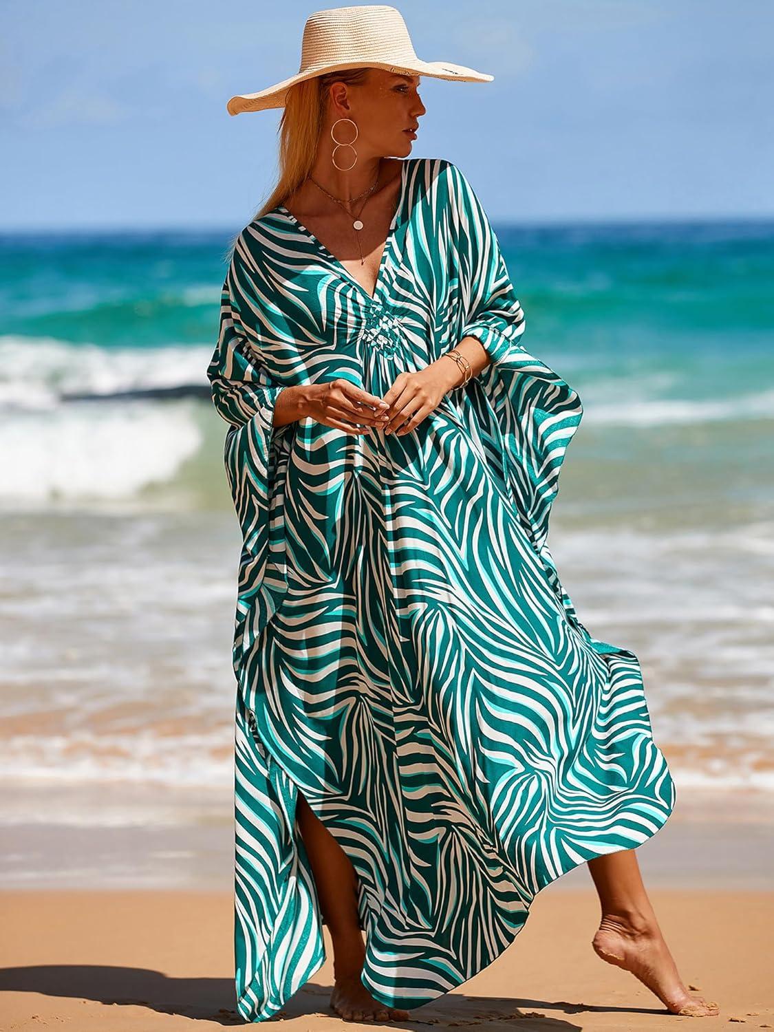 imageMoss Rose Caftan Coverup Dresses for Women V Neck Summer Swimsuit Kaftan Plus Size Maxi Beach Vacation ClothesBgreen Zebra