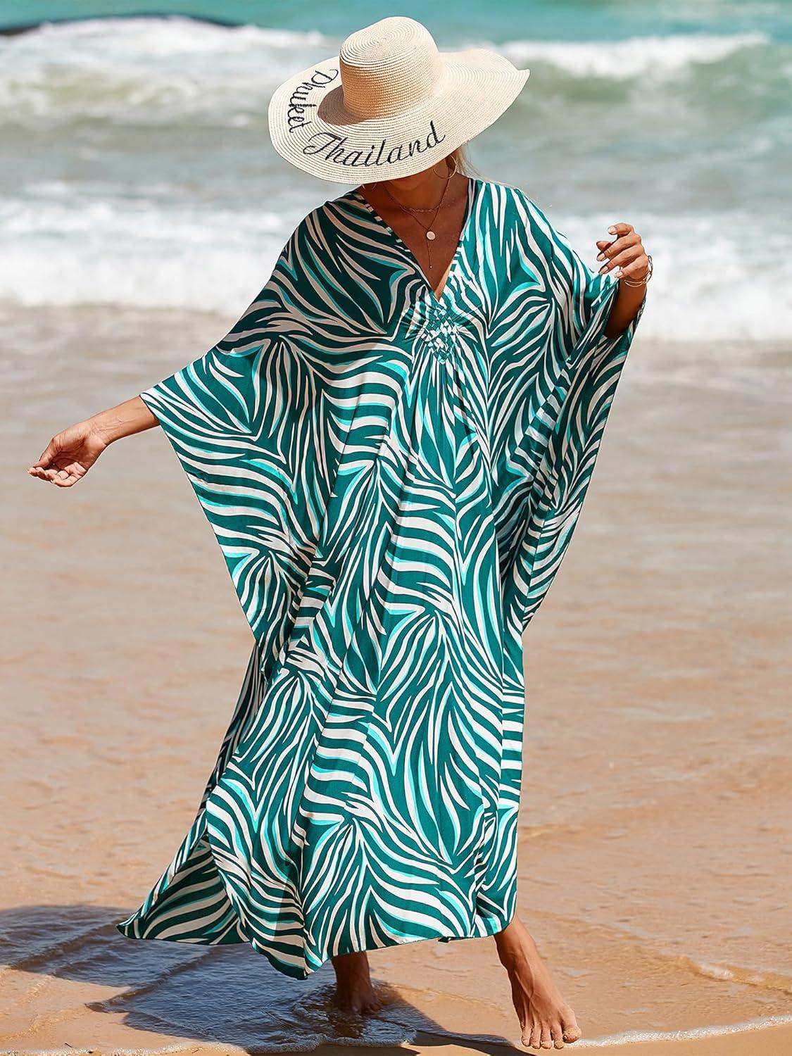 imageMoss Rose Caftan Coverup Dresses for Women V Neck Summer Swimsuit Kaftan Plus Size Maxi Beach Vacation ClothesBgreen Zebra