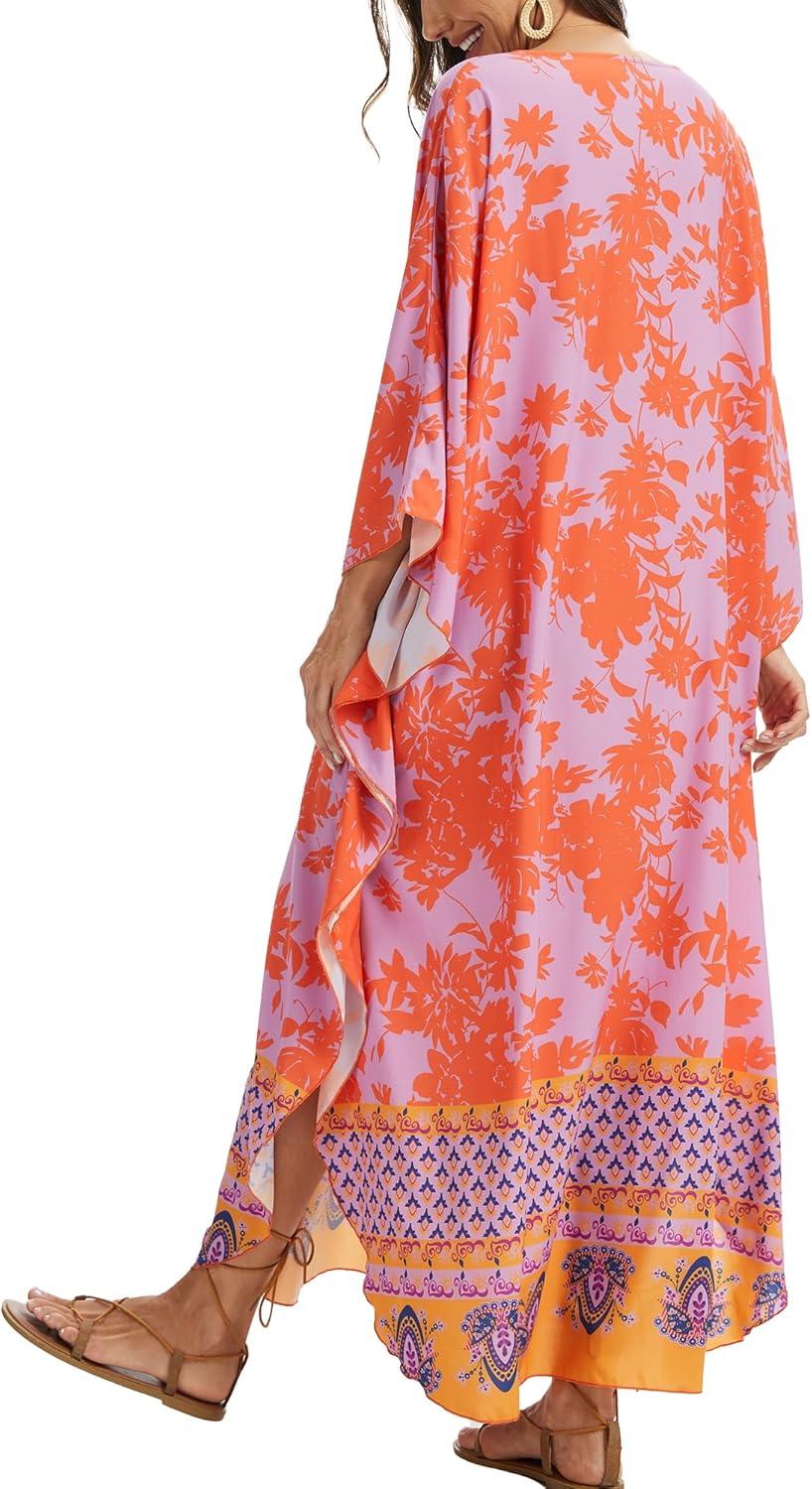 imageMoss Rose Kaftan Dresses for Women V Neck Summer Swimsuit Cover up Caftan Maxi Beach DressesAred Purple