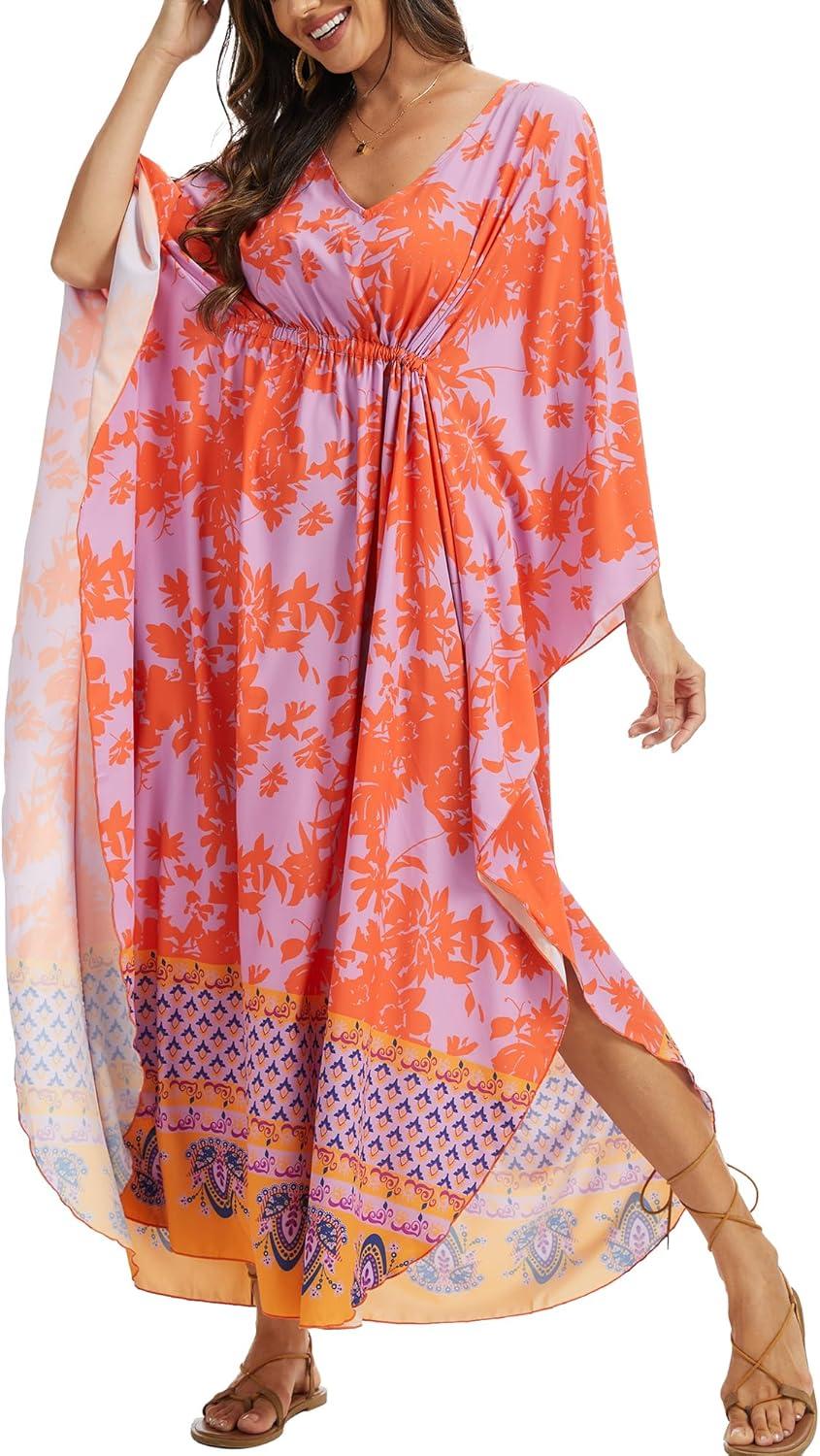 imageMoss Rose Kaftan Dresses for Women V Neck Summer Swimsuit Cover up Caftan Maxi Beach DressesAred Purple