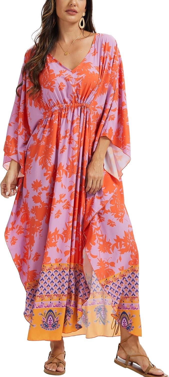 imageMoss Rose Kaftan Dresses for Women V Neck Summer Swimsuit Cover up Caftan Maxi Beach DressesAred Purple