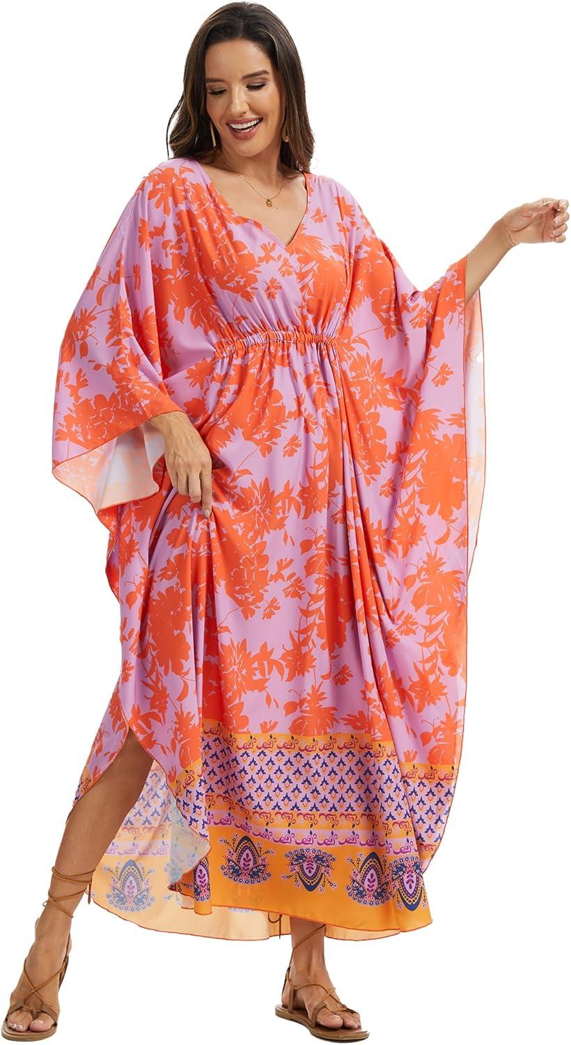 imageMoss Rose Kaftan Dresses for Women V Neck Summer Swimsuit Cover up Caftan Maxi Beach DressesAred Purple