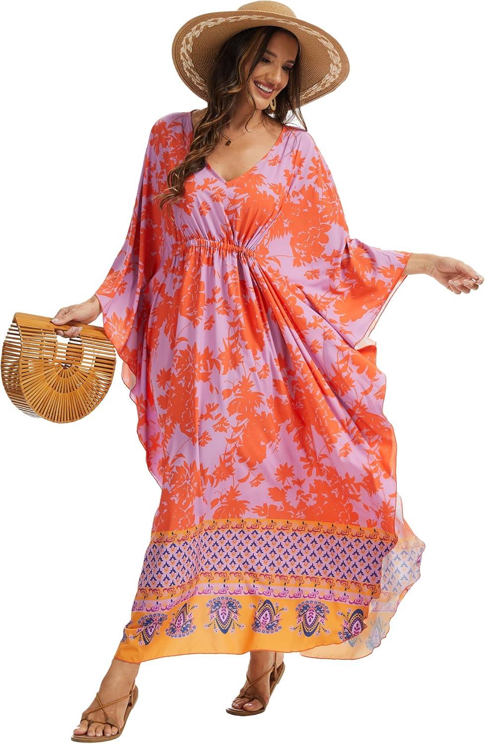 imageMoss Rose Kaftan Dresses for Women V Neck Summer Swimsuit Cover up Caftan Maxi Beach DressesAred Purple