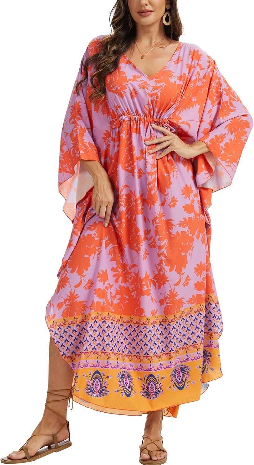 imageMoss Rose Kaftan Dresses for Women V Neck Summer Swimsuit Cover up Caftan Maxi Beach DressesAred Purple