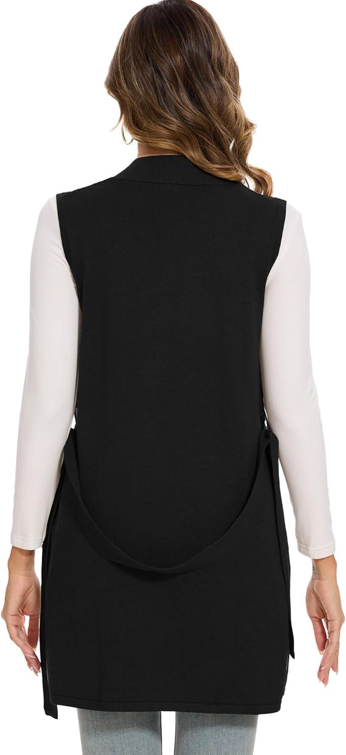 imageMoss Rose Long Vest for Women Sleeveless Cardigans Ribbed Knit Outwear with Belt and PocketsBlack
